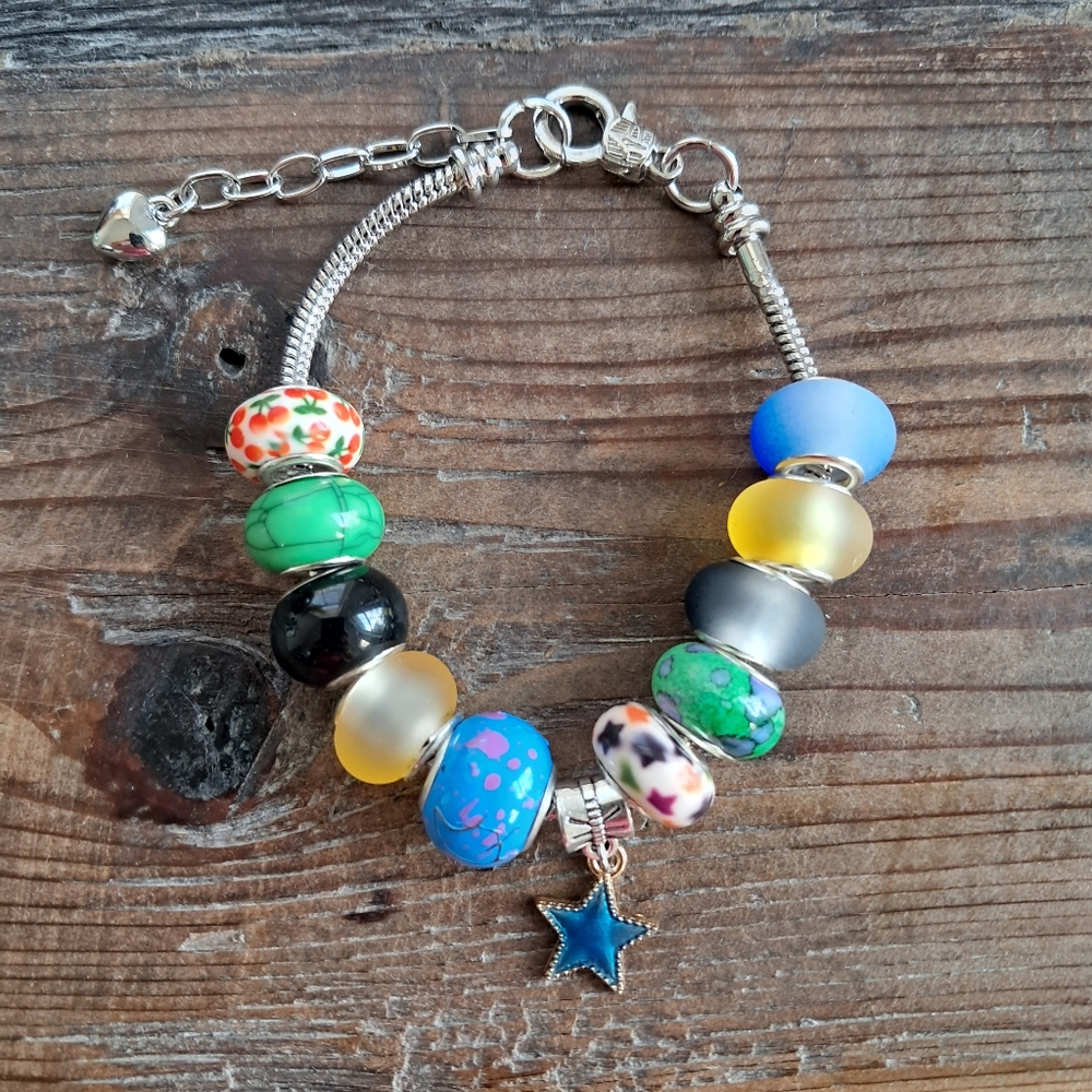 Handcrafted Charm Bracelet Silver Toned Colorful Glass Beads Star Charm Boho
